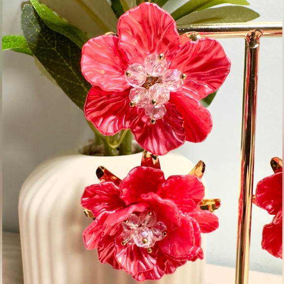 Red Floral Statement Drop Earrings - Picture 3 of 4